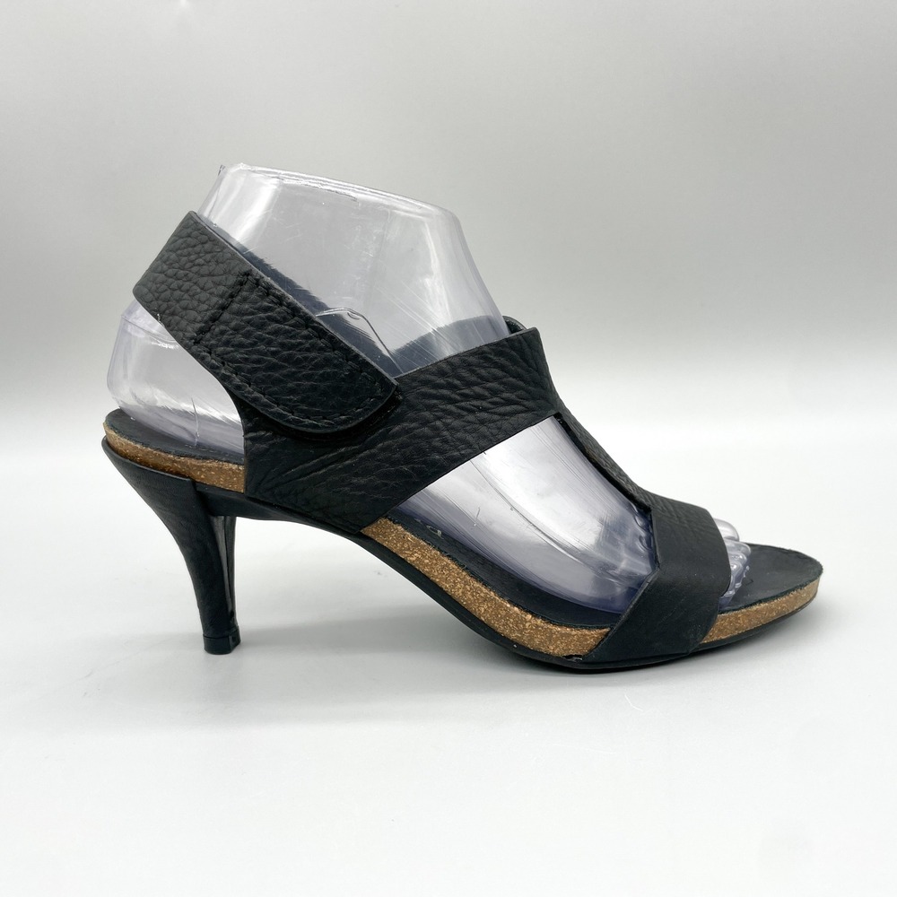 Pedro Garcia Womens 36.5 6.5 Black Leather Cork T-Strap Sandals Slingback Heels